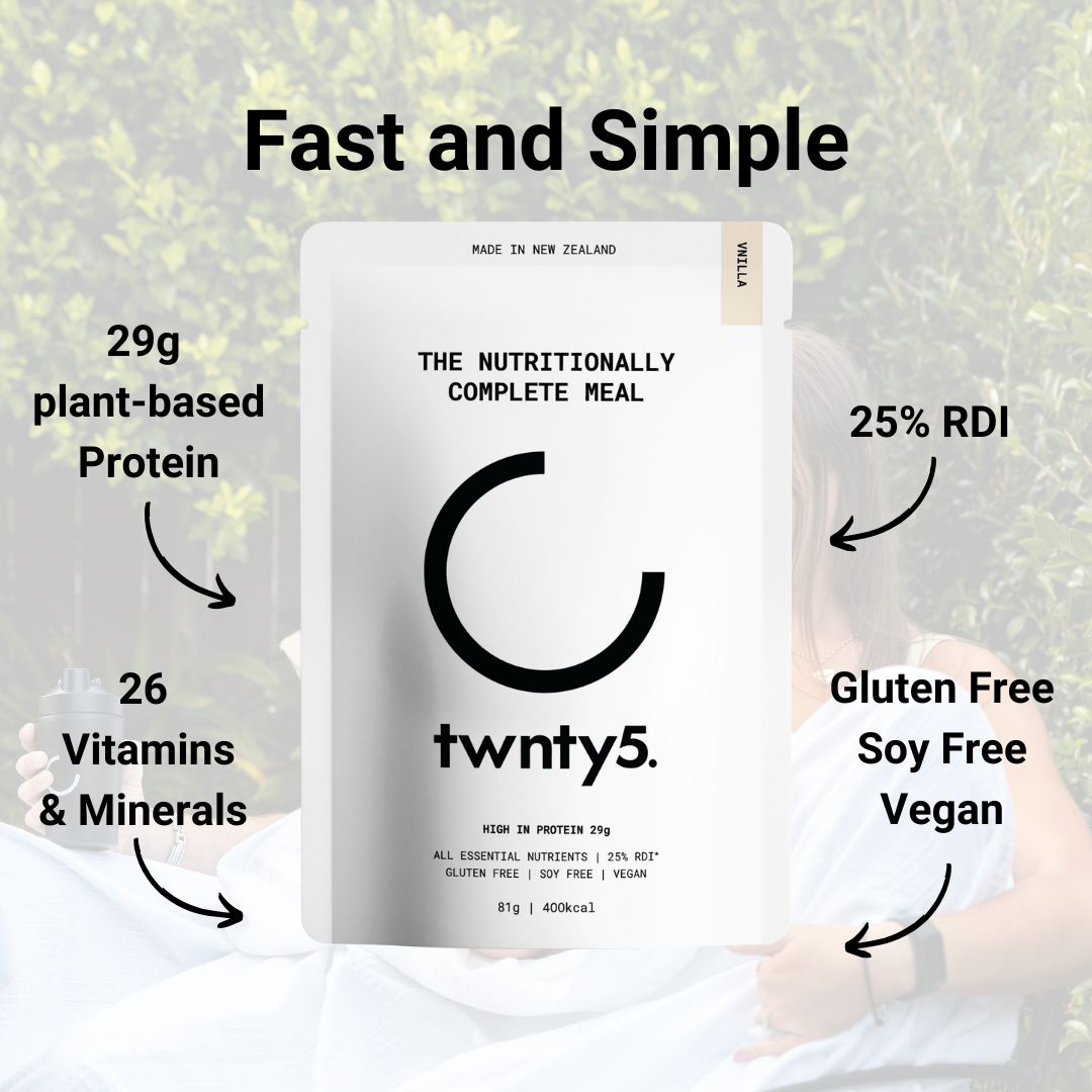 Packaging for Twnty5 Nutritionally Complete Meal, highlighting features such as 29% protein, 25% RDI of essential vitamins and minerals, gluten-free, soy-free, and vegan. The product is a meal kit with a shaker, ready to eat in under a minute.