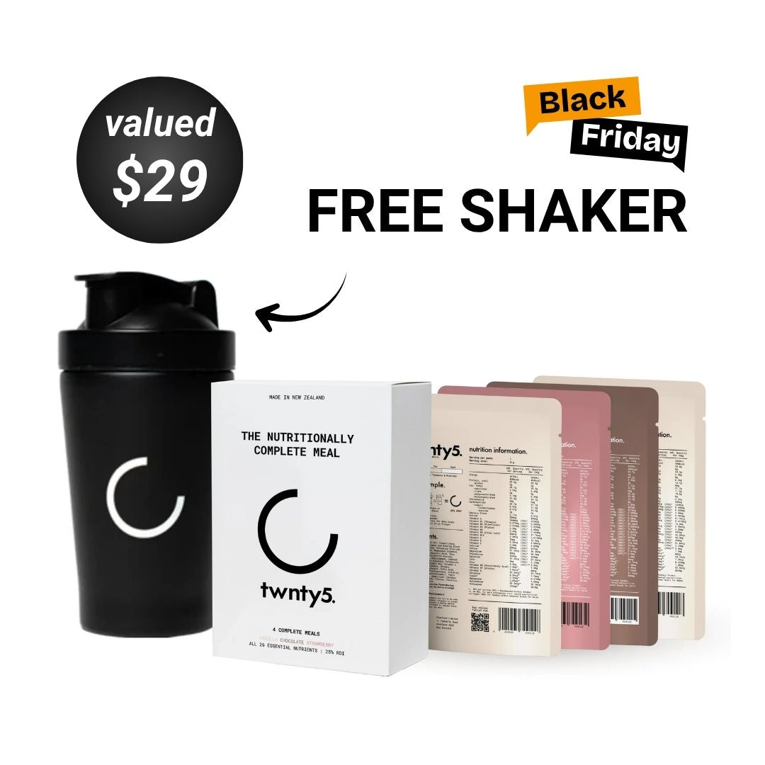 Black shaker and protein package with Black Friday promotion for a free shaker offer.