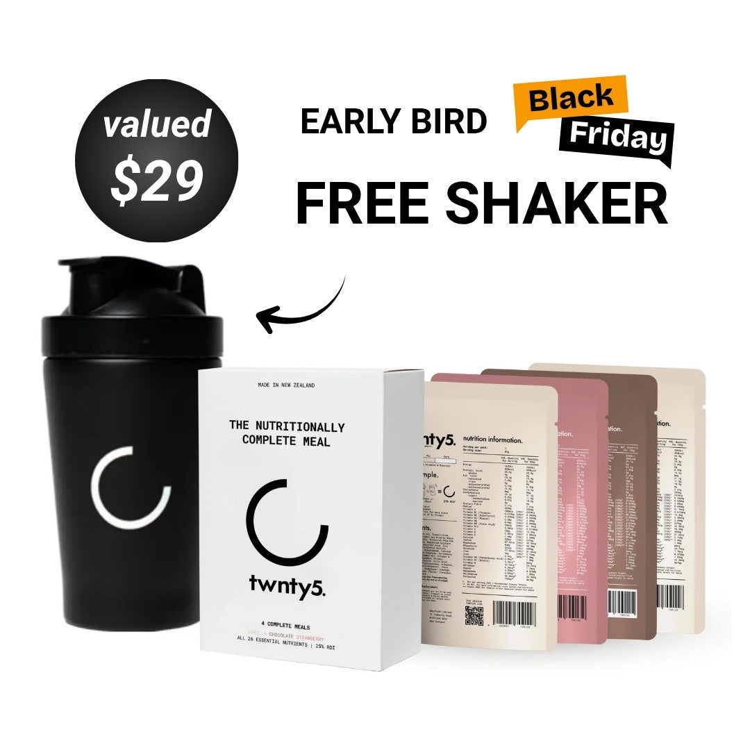 Black shaker and protein package with Black Friday promotion for a free shaker offer.