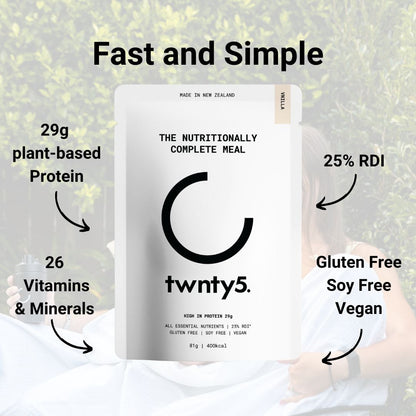 Packaging for Twnty5 Nutritionally Complete Meal, highlighting features such as 29% protein, 25% RDI of essential vitamins and minerals, gluten-free, soy-free, and vegan. The product is a meal kit with a shaker, ready to eat in under a minute.